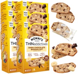 Nonni's THINaddictives Dark Chocolate Banana Nut Crisps 4.4 oz, Lightly Sweet Almond Snack, 6 On-the-Go Packs, 90 Calories, 6 Pack