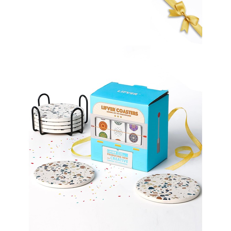 LIFVER Absorbent Drink Coasters with Holder, Set of 6 Ceramic