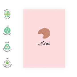 French Thank You Greeting Card – 'Merci' Croissant Illustration for Friends, Besties, Colleagues, Coworkers, Her, Him, Women, Men - Cute and Minimalist Design-Comes with Fun Stickers
