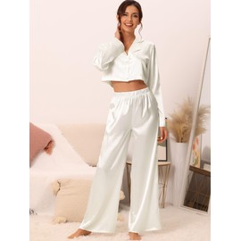 cheibear Women's Satin Pajama Nightwear Crop Button Down Shirt Long Pants Loungwear Pj's Set White M