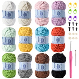 12 Pack Fluff Chenille Chunky Yarn for Crocheting Premier Puzzle - Velvet Baby Crochet Yarn with Black White Purple Pink Blue Coffee Red Khaki Yellow Amigurumi Set C