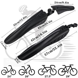 Bicycle Mudguard Set, 24-28 Inches, Universal Mudguard Mountain Bike for Front and Rear, Adjustable Removable MTB Mudguard Set for Protection Against Splash Water and Dirt, for Mountain Bike, City