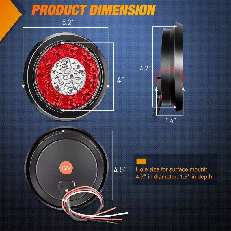 Nilight 2PCS 4" Round Red White LED Trailer Tail Lights