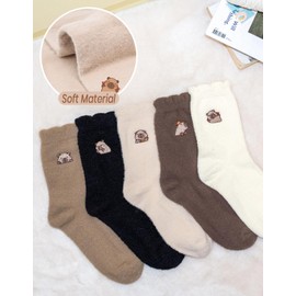 XUNBAI 5 Pairs Capybara Fuzzy Socks,Funny Capybara Gifts,Cute Socks for Women Teens,Soft and Cozy