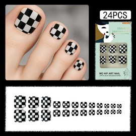 Cute Press on Toenails Short Square Fake Toenails Black and White Checkerboard False Nails with Designs Gloss Glue on Toenails Summer Acrylic Toe Nails Art Reusable Nail for Women Girls 24Pcs