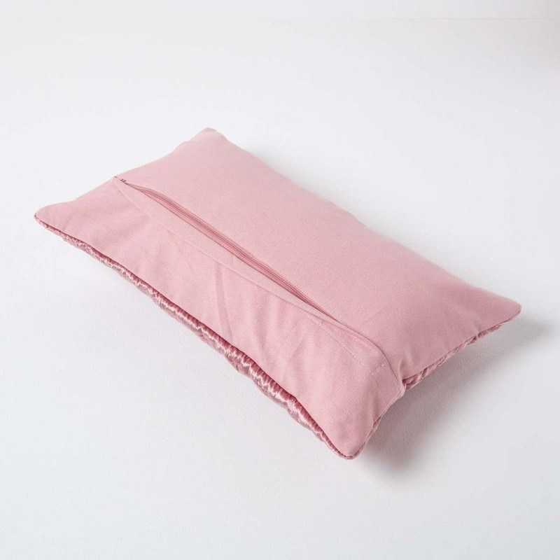 HOMESCAPES Blush Pink Rectangular Crushed Velvet Cushion Cover with Embroidered