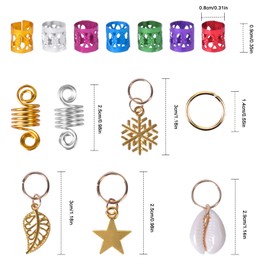 Jinlaili Dreadlocks Hair Rings Colorful, 130 Pieces Hair Braid Rings, Hair Cuffs Multi-Color, Hair Pendants Aluminum, Golden Hair Accessories, Cute Hair Pendants Leaves, Stars, Snowflakes and Shell