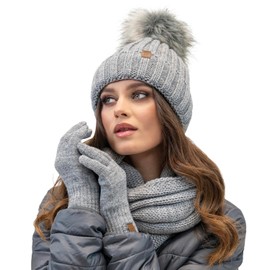 Vivisence Stylish Women’S Winter Set Cap with Pom-Pom Foldable Snood Scarf and Warm Gloves Made from Soft Yarn Anti-Static Fleece Lining Perfect for Cold Days, Light Grey,UNI