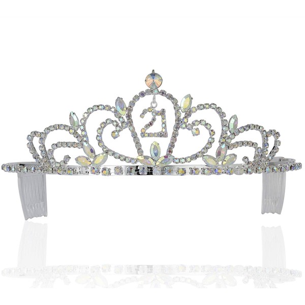 SWEET TWENTY-ONE 21 TIARA CROWN WITH HAIR COMBS BIRTHDAY PARTY T21AB WHITE AB