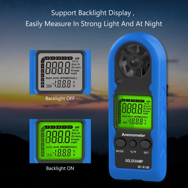 Anemometer Handheld, Mini Digital Wind Speed Meter, Measuring Temperature, Max/Average/Current