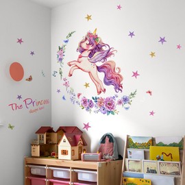 WandSticker4U® - Wall Sticker Unicorn Girl "The Princess Sleeps Here" (72 x 59 cm) I Wall Sticker Children's Room Girls Unicorn Princess Flowers Stars Wall Sticker Girls Room Decoration