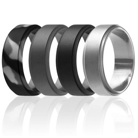ROQ Silicone Rubber Wedding Ring for Men, Comfort Fit, Men's Wedding Band, Breathable Rubber Engagement Band, 8mm Wide 2mm Thick, Step Edge, 4 Pack, Black Camo, Grey, Black, Silver, Size 16