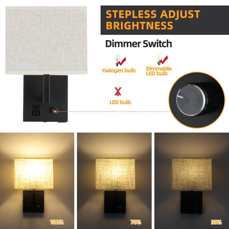 wkeessee Bedside Wall Mount Light with Outlet and Dimmable Switch,