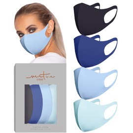 VIRTUE CODE Second Skin Cloth Face Mask Pack. 4 Buttery Soft Masks Washable Fabric - Blue Face Mask Reusable. Stretchy, Comfortable, Fresh Facemask.