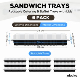 ebake Pack of 6 Sandwich Platter Trays with Lids - Reusable Buffet Trays for Catering, Parties, Events and Birthdays - 34 x 24 x 7.5cm