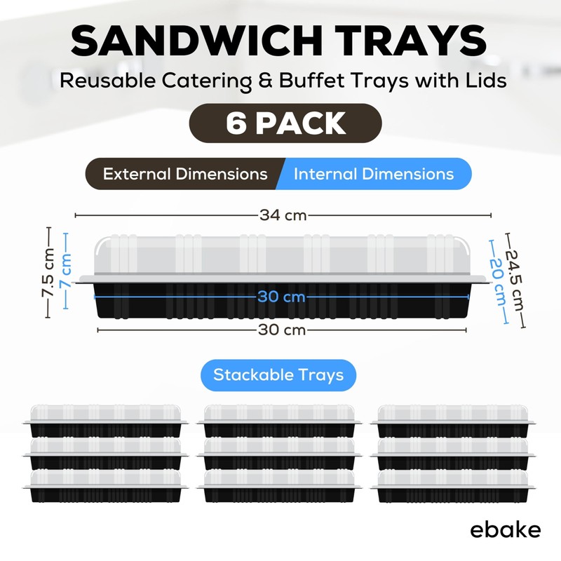 ebake Pack of 6 Sandwich Platter Trays with Lids -