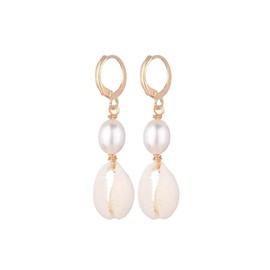 Pearl Shell Drop Earrings for Women 14K Gold Pearl Shell Earrings Boho Cowrie Shell Dangle Earrings Natural Seashell Earrings for Girls Ocean Jewelry Gift (Gold)