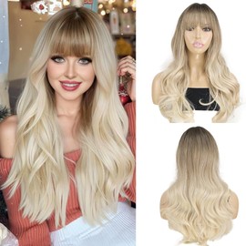 onemily Platinum Blonde Wigs with Bangs for Women Long Wavy Ombre Blonde Wig with Dark Roots Synthetic Wig For Daily Party Cosplay Costume