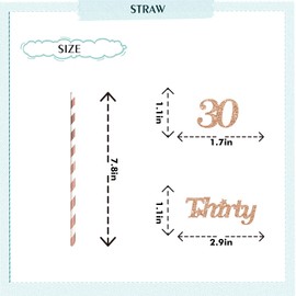Happy 30th Birthday Straws, Rose Gold Glitter 30 Years Old Paper Straws, 30th Anniversary/Birthday Party Drinking Decorative Straws - 24pcs