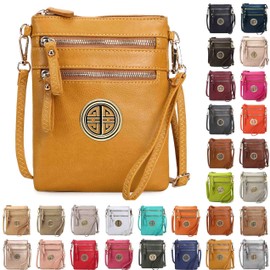 Solene Women's Faux Leather Organizer Multi Zipper Pockets With Detachable Wristlet Crossbody Bag -WU002L (Mustard)