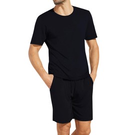 Chalier Cozy Mens Modal Pyjamas Sets Short Sleeve T-Shirts Tops Bottoms Casual Comfortable Nightwear Summer Loungewear for Men Soft Sleepwear Pjs Sets with Pockets（Black-L）