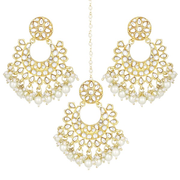 Aheli Traditional Gold Plated Kundan Pearl Studded Chandbali Maang Tikka