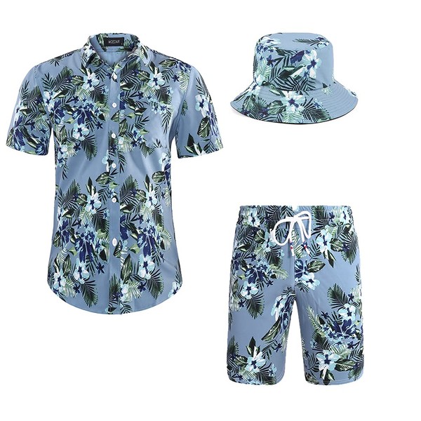 MCEDAR Conjunto de camisa hawaiana para hombre y pantalones cortos de 2 piezas para día festivo, casual, con botones, playa, floral, con sombreros de cubeta, 2112dakr Azul, 3X-Large