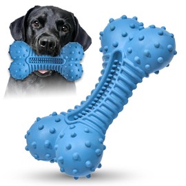Ouilter Dog Chew Toys Bones for Medium Large Dogs Natural Rubber Bacon Flavor Durable Interactive Dog Toys for Boredom,Blue