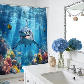 JONSEQIN Shark Shower Curtain Tropical Fish Blue Ocean Underwater Under The Coral Reef Coastal Nautical Fantasy Marine Life Bathroom Decor Curtains 70x70 inch with Hook