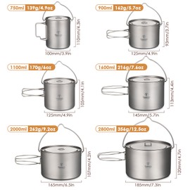 TOMSHOO Titanium Pot 750ml/900ml/1100ml/1600ml/2000ml/2800ml Ultralight Hanging Pot with Lid and Foldable Handle Outdoor Camping Backpacking Cooking Picnic