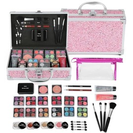 Anpro Estuche de Maquillaje Todo en Uno con Set de Maquillaje Pro Teen, Kit Completo de Cosméticos con Pinceles de Maquillaje, Pintalabios, Paleta de Sombras de Ojos, Colorete, Purpurina en Gel-Rosa
