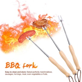 Set of 4 Barbecue Skewers Stainless Steel Wooden Handle Long Campfire Telescopic Extendable Barbecue Fork Barbecue Accessories Kebab Skewers Meat Fork, Used for Grilling, Campfire and Camping, for Hot