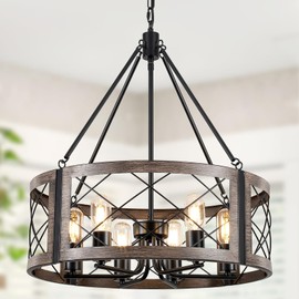 22'' Rustic Chandelier for Dining Room, 6-Light Farmhouse Dining Room Light Fixture, Metal Black and Wood Grain Finish Vintage Chandelier for Entryway Foyer Living Room Bedroom Kitchen Island Lighting
