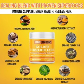 Organic Turmeric Latte Golden Milk 30 Servings - Organic Lion's Mane, Turkey Tail Mushroom Extracts, Cinnamon Ceylon. Herbal Mushroom Coffee Substitute Alternative (30 Servings, 125 Grams)