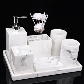 Resin Vintage Marble Bathroom Accessories Sets Luxury 6-Piece Bathroom Decoration Soap Dispenser,Cups,Toothbrush Holder