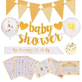 Gender Neutral Baby Shower Decorations + 4 Games Pack for Boys/Girls. Games: Bingo, Quz, Trivia, Charades. Decorations: Mummy to be Sash, Bunting, Balloons & Confetti.