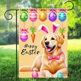 BlissYard Happy Easter Garden Flag 12x18 Double Sided Small Golden Retriever Dog with Rabbit Ear Garden Yard Flags for Spring Easter Dog Garden Flag Happy Easter Outdoor Decoration