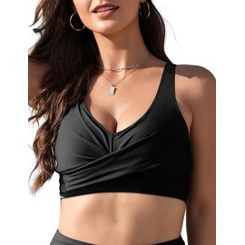 Vivola Womens Bikini Tops Large Bust Takini Tops Twist Front V Neck Push Up Padded Bathing Suit Tops with Fixed Wide Straps Black Swimsuit Top Only Black X-Large