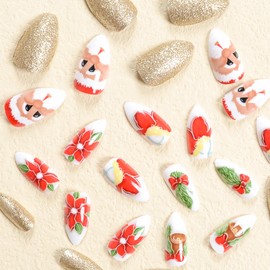 BABALAL Almond Press on Christmas Santa Claus Glitter Cute Acrylic Nails 24Pcs Stiletto Xmas Manicure False Nails for Women and Girls