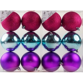 Blue Purple Pink Christmas Tree 8cm Bauble Decorations (Set of 12)
