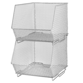 YBM HOME Mesh Stacking Bin Storage Containers for Kitchen Pantry, Cabinet and Shelves, Metal Wire Basket Rack for Fruits and Veggies, Crafts, Toys & Cleaning Items - 2-Pack, Medium 10x8.5x8 Silver