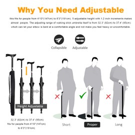Walking Sticks Umbrella - Height Adjustable Walking Cane Crutch Self Protection Umbrella Heavy Duty Solid Tungsten Steel - Ideal Father's Gift for Climbing, Hiking,Rain (Classic:black)