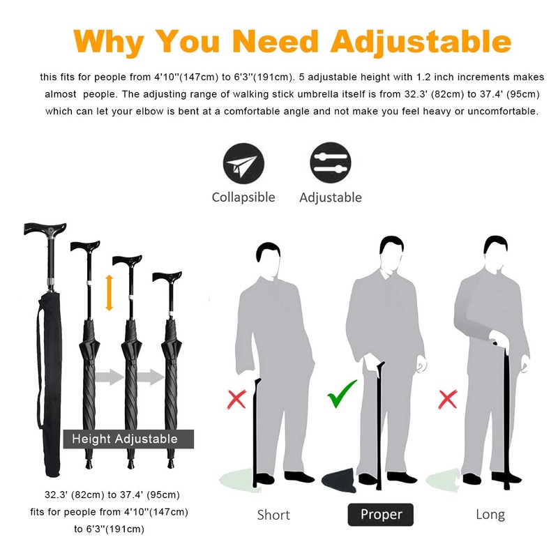 Walking Sticks Umbrella - Height Adjustable Walking Cane Crutch Self