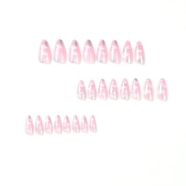 IMSOHOT Almond Press on Nails Medium Pink Fake Nails Cloud Full Cover Acrylic False Nails Stiletto Glitter Nails with Designs Glue on Nails for Women 24Pcs