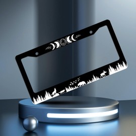 Moon Phases License Plate Frame Wolf Bear Deer License Plate Holder Personalise Stainless Steel Funny Design Compatible with Standard License Plate Frames for USA Canada 6 X 12 in 2 Holes with Screws