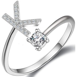 Haoze Initial Letter Ring for Women Silver Stackable Alphabet Rings with Initial Adjustable Crystal Inlaid Initial Rings Bridesmaid Gift(K)