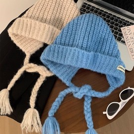 Korean Winter Thick Wool Knit Balaclava Hat for Large Heads - Face Slimming & Ear Protection Size/Braided Hat Beige 10ea