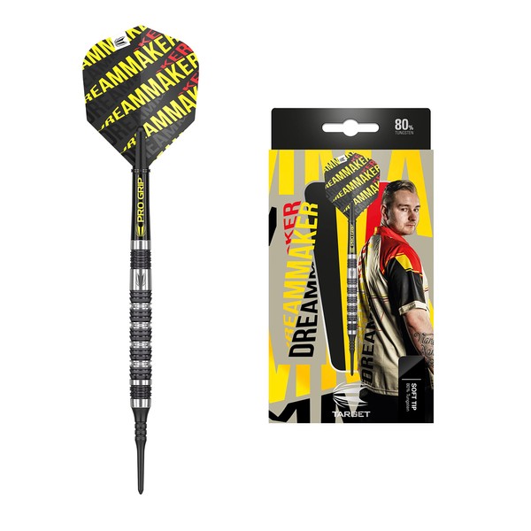 Target Darts Dimitri Van den Bergh Dream Maker 20G 80% Tungsten Soft Tip Darts Set, Black, Yellow and Red (DIMI80% Soft)
