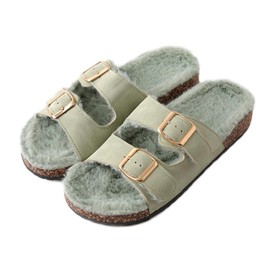 Roxoni Women's Open Toe Feather Slipper with Adjustable Double Buckle Cozy Cork Slide Sandal