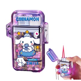 NIVEK Cool Transparent Cute Lighter, Pink Red Flame Lighter, Refillable Kitty KT Cat Melody Kulomi Rabbit Japanese Kawaii with Chain (Cinnamon Smile)